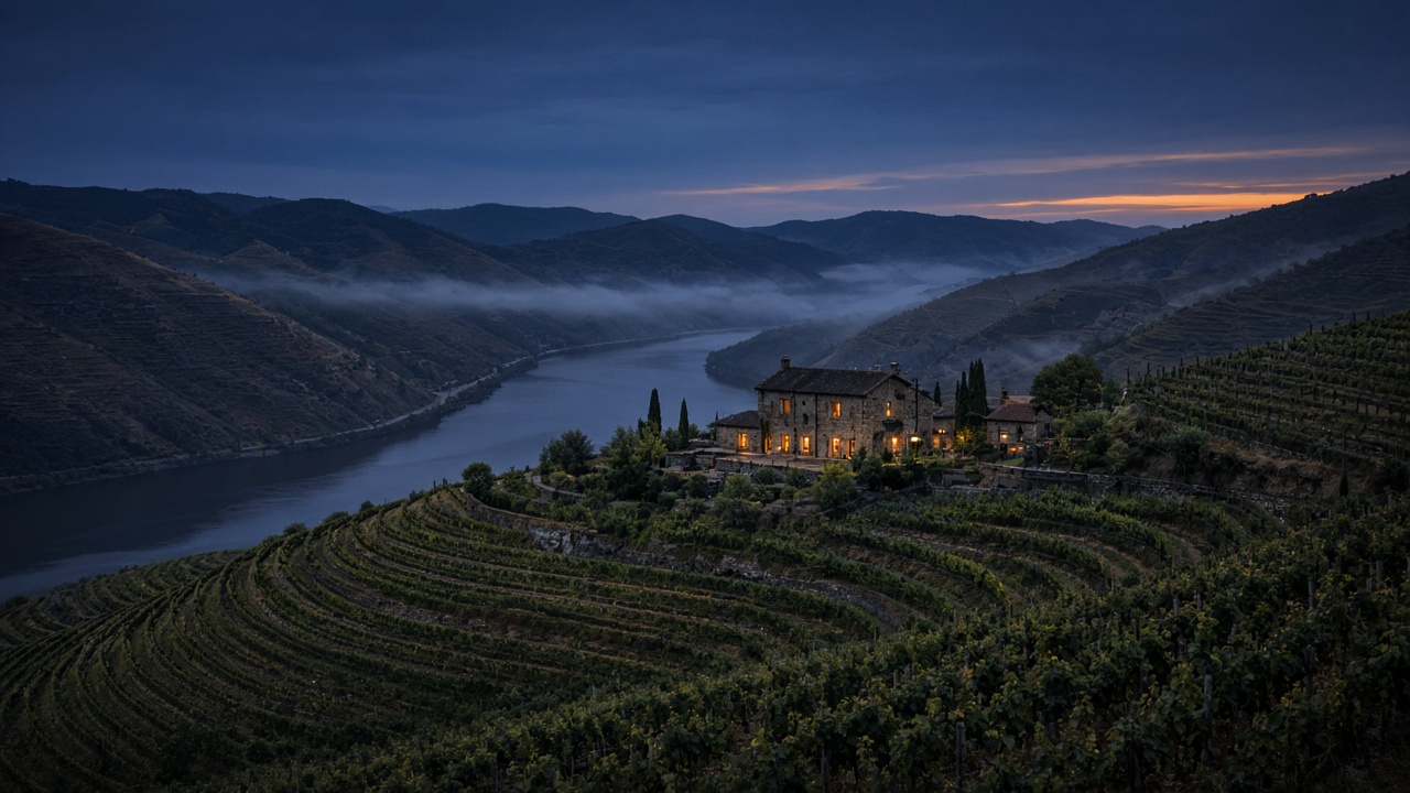 Still from a documentary: terraced Douro vineyards at dusk