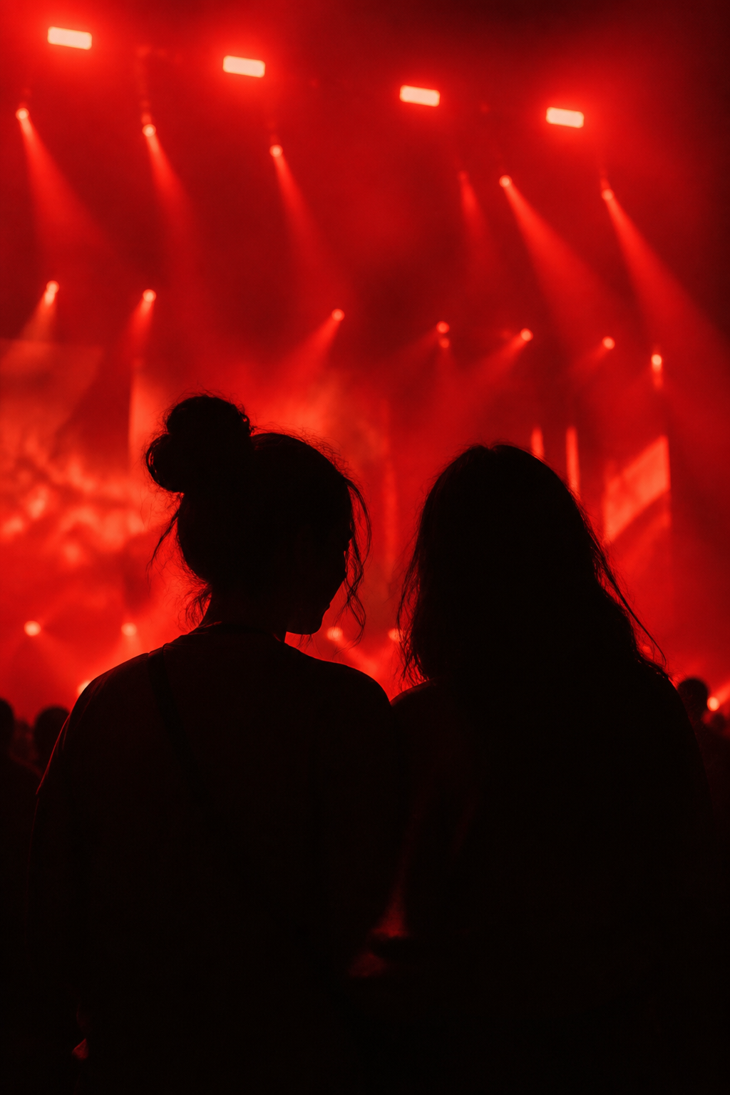 Still from a concert film: silhouettes against red stage light